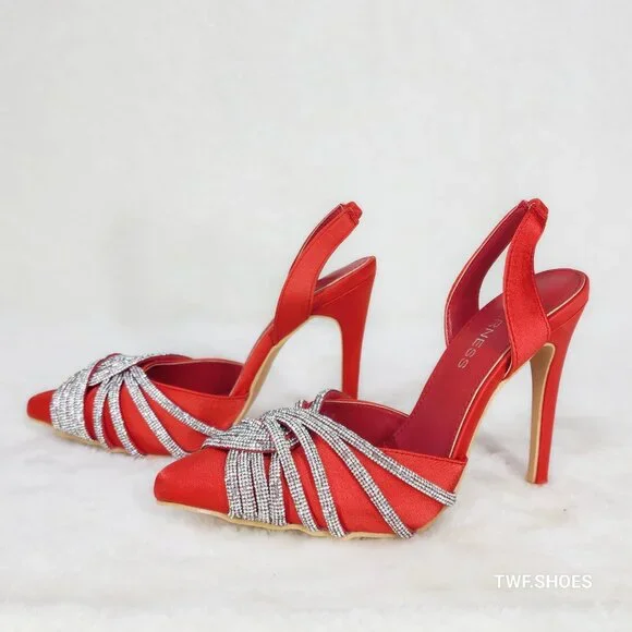 Elegance Slip on Slingback Red Satin Rhinestone Pointy Toe High Heels Shoes - Picture 11 of 12